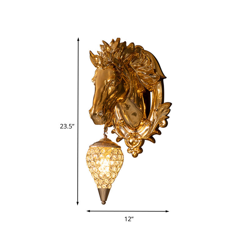 Vintage Brass Horse Sconce Light, Resin Wall Mount with Metal and Crystal Shade - 9.5"/12" Wide