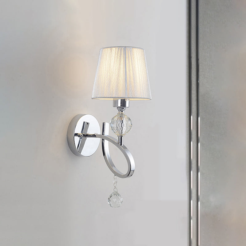 Modern Bedroom Wall Sconce: Cone Shade Fabric 1-Head Wall Light with Clear Crystal Ball Deco - Silver
