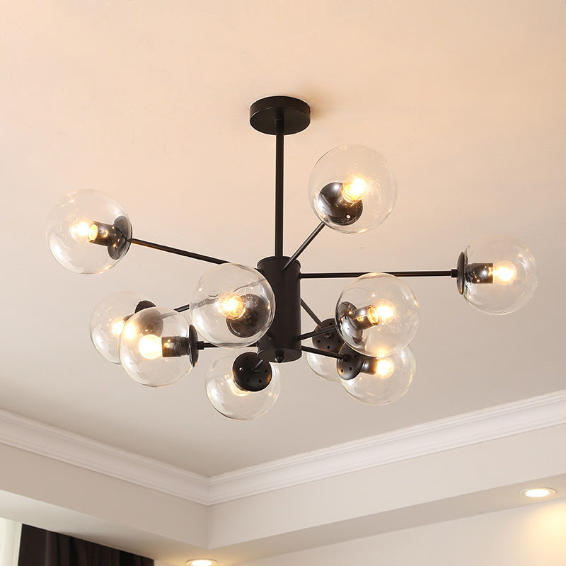 Black Metal Hanging Chandelier Light with Spherical Glass Shade for Modern Bedroom