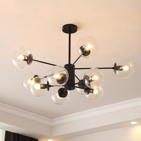 Black Metal Hanging Chandelier Light with Spherical Glass Shade for Modern Bedroom
