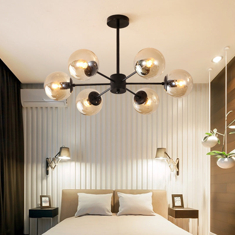 Black Metal Hanging Chandelier Light with Spherical Glass Shade for Modern Bedroom
