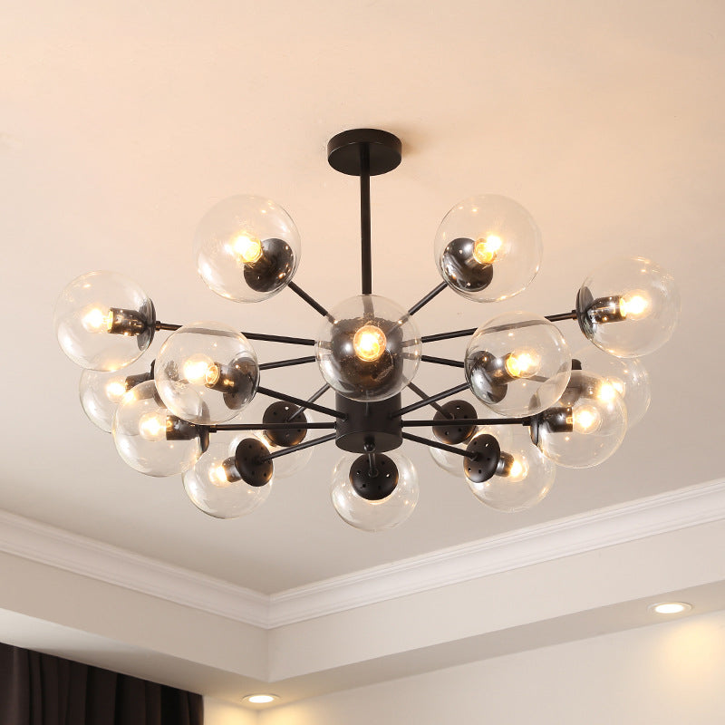 Black Metal Hanging Chandelier Light with Spherical Glass Shade for Modern Bedroom
