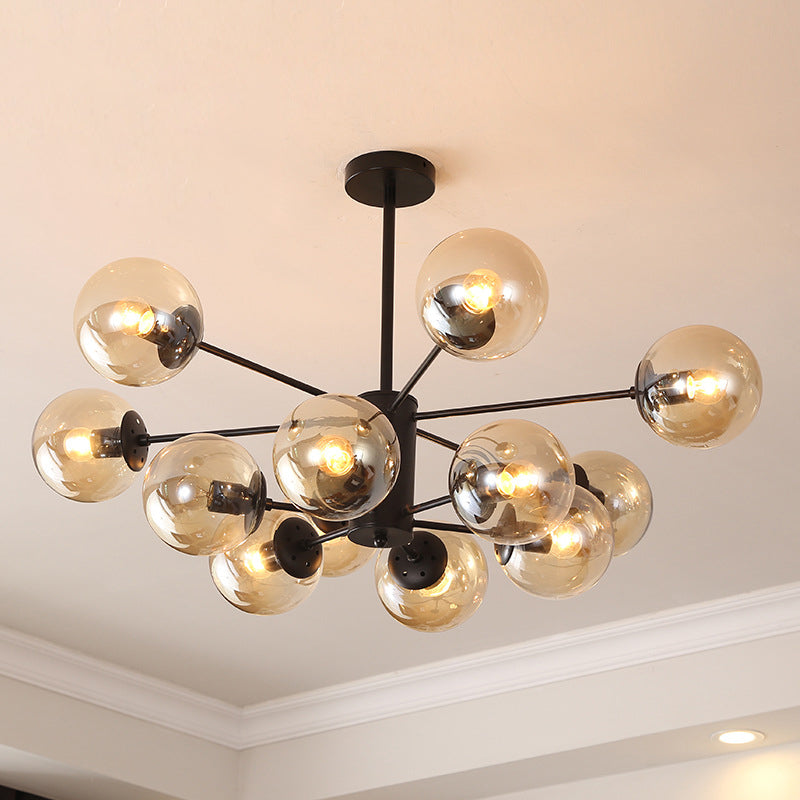 Black Metal Hanging Chandelier Light with Spherical Glass Shade for Modern Bedroom