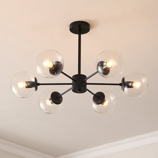 Black Metal Hanging Chandelier Light with Spherical Glass Shade for Modern Bedroom