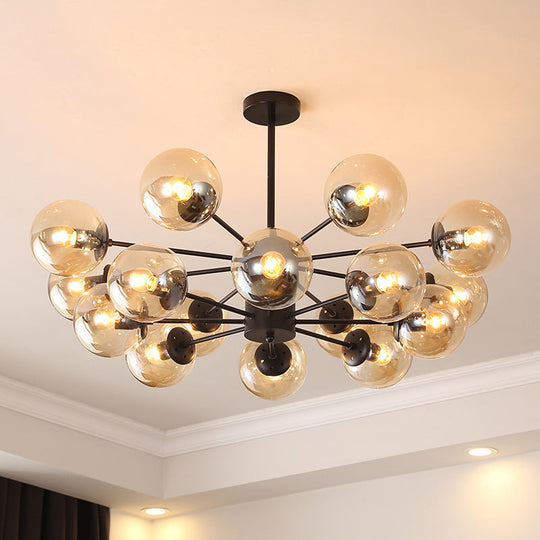 Black Metal Hanging Chandelier Light with Spherical Glass Shade for Modern Bedroom