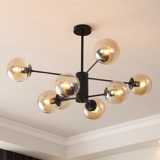 Black Metal Hanging Chandelier Light with Spherical Glass Shade for Modern Bedroom