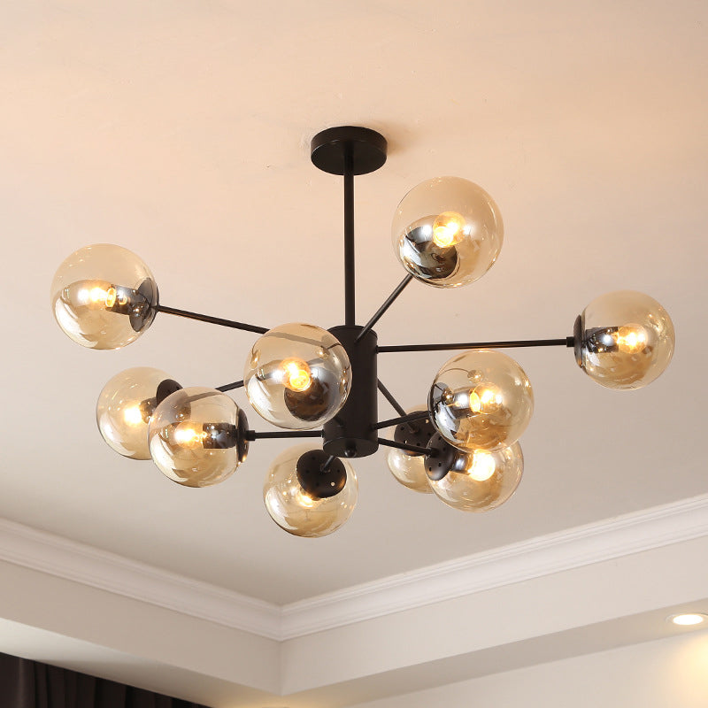 Black Metal Hanging Chandelier Light with Spherical Glass Shade for Modern Bedroom