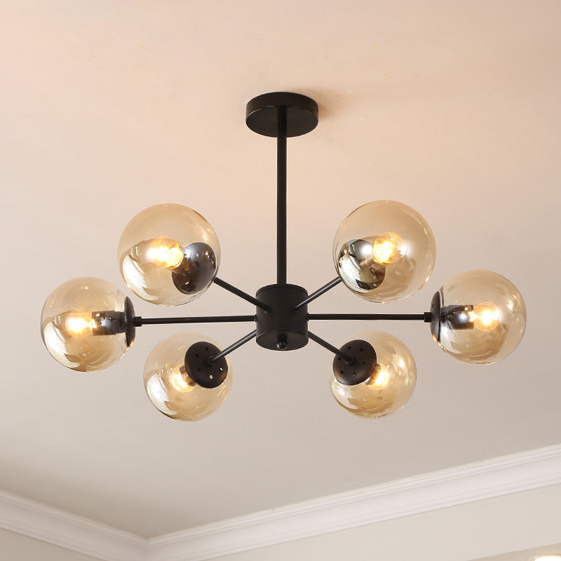 Black Metal Hanging Chandelier Light with Spherical Glass Shade for Modern Bedroom
