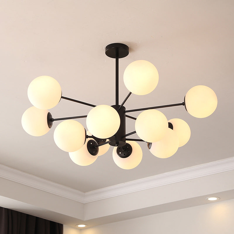 Black Metal Hanging Chandelier Light with Spherical Glass Shade for Modern Bedroom