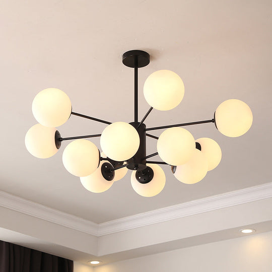 Black Metal Hanging Chandelier Light with Spherical Glass Shade for Modern Bedroom
