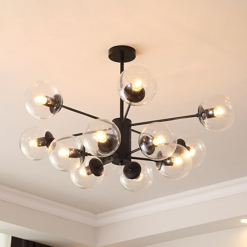 Black Metal Hanging Chandelier Light with Spherical Glass Shade for Modern Bedroom