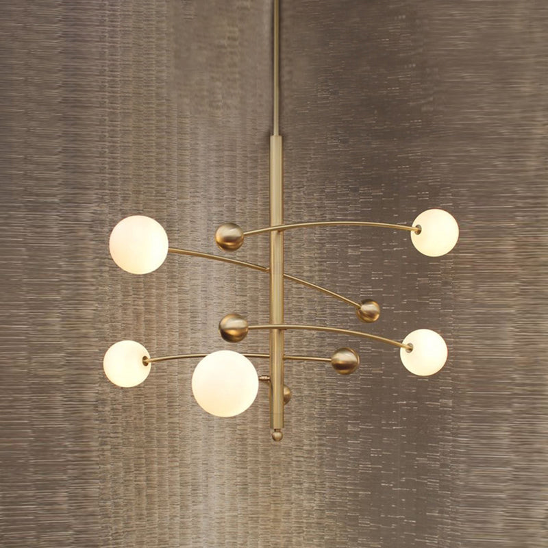 Modern Gold Hanging Chandelier Light with Opal Glass Shade - 5 Light Ceiling Fixture for Bedroom