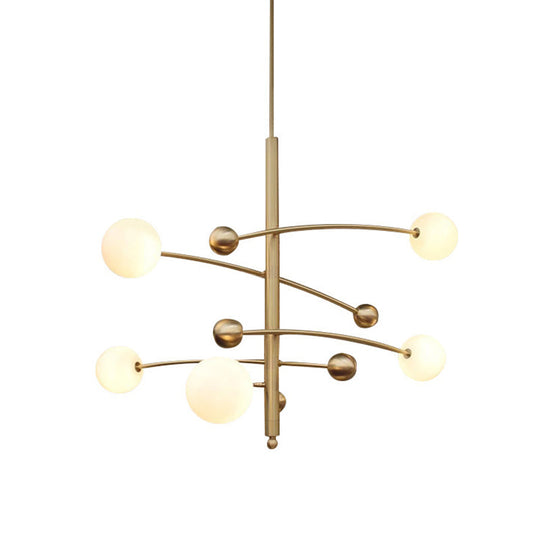 Modern Gold Hanging Chandelier Light with Opal Glass Shade - 5 Light Ceiling Fixture for Bedroom