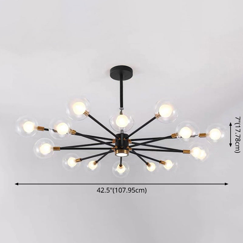 Black Modern Metal Radial Chandelier with Spherical Clear Glass Shade
