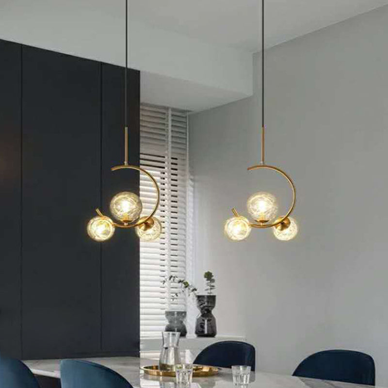 Modern Metal Hanging Chandelier in Gold with Globe Glass Shade - Bedroom Ceiling Light