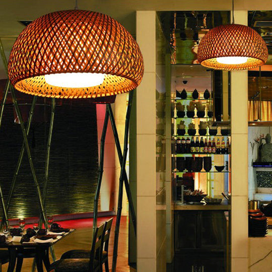 Bamboo Double-Decker Pendant Light with Milk White Glass Shade - Perfect for Restaurant Aisles