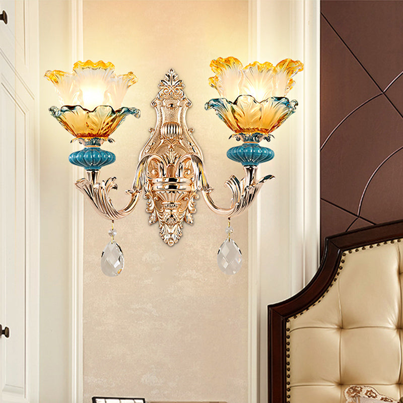 Modern Amber and Blue Glass Wall Sconce with Brass Finish - 1/2 Head Flower Design