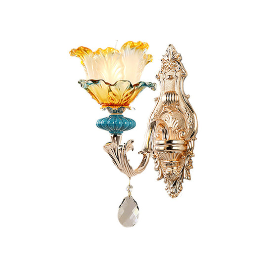 Modern Amber and Blue Glass Wall Sconce with Brass Finish - 1/2 Head Flower Design