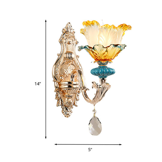 Modern Amber and Blue Glass Wall Sconce with Brass Finish - 1/2 Head Flower Design