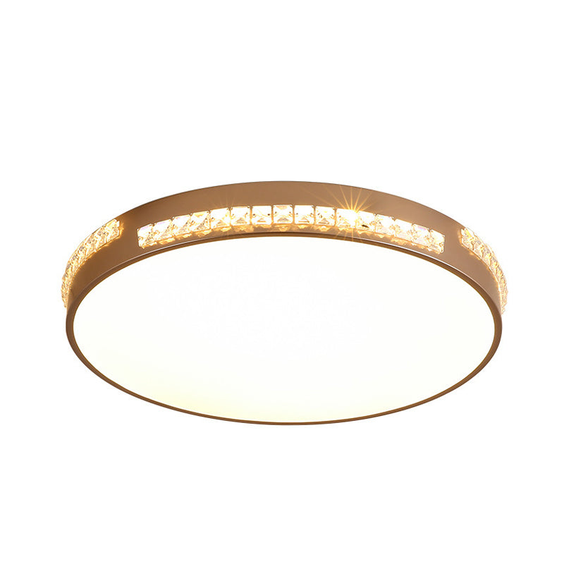 LED Bedroom Ceiling Light Fixture - Gold Flush Mount with Crystal Drum Shade (18”/21.5”) - Warm/3 Color Light