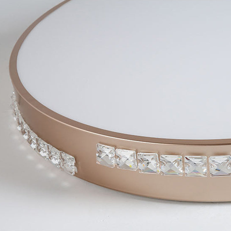 LED Bedroom Ceiling Light Fixture - Gold Flush Mount with Crystal Drum Shade (18”/21.5”) - Warm/3 Color Light