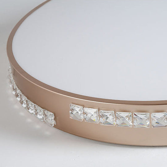 LED Bedroom Ceiling Light Fixture - Gold Flush Mount with Crystal Drum Shade (18”/21.5”) - Warm/3 Color Light