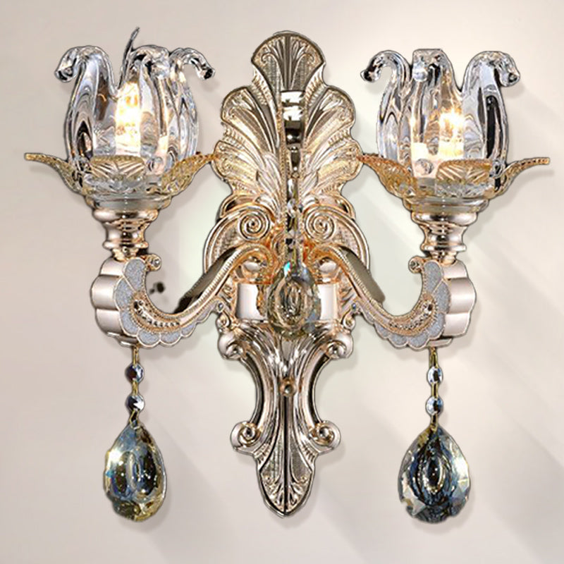 Contemporary Wall-Mounted Floral Sconce Light Fixture with Crystal Drop - Clear Glass, 1/2 Heads