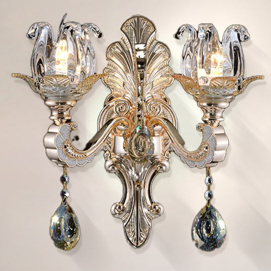 Contemporary Wall-Mounted Floral Sconce Light Fixture with Crystal Drop - Clear Glass, 1/2 Heads