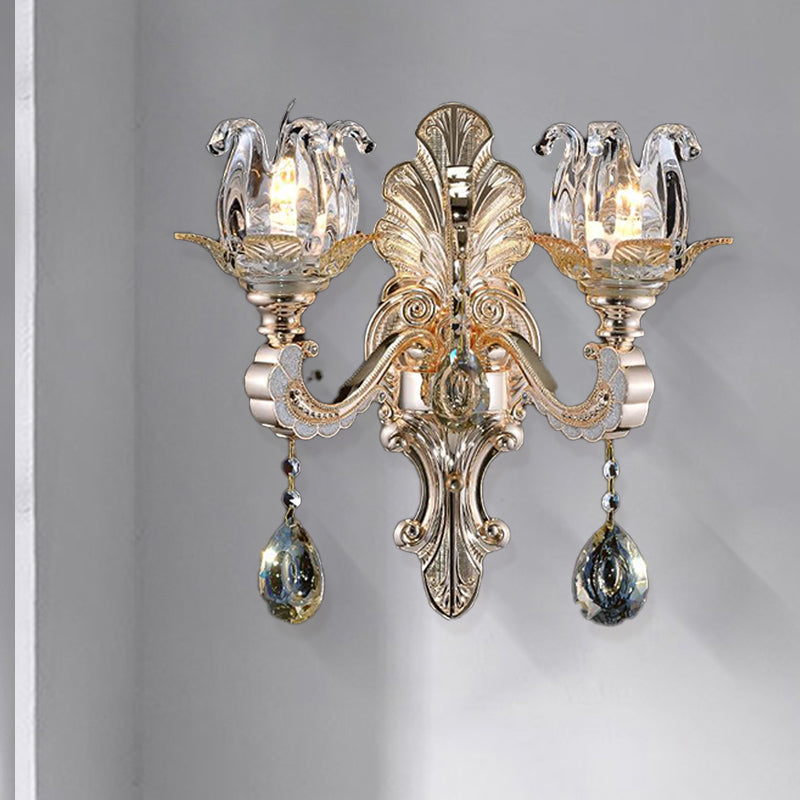 Contemporary Wall-Mounted Floral Sconce Light Fixture with Crystal Drop - Clear Glass, 1/2 Heads