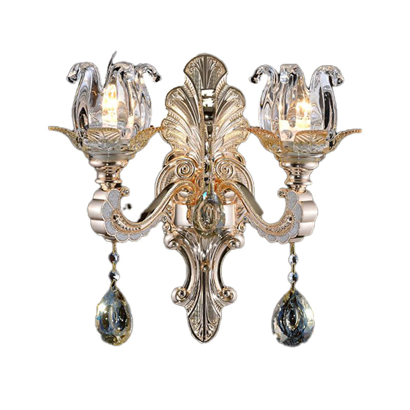 Contemporary Wall-Mounted Floral Sconce Light Fixture with Crystal Drop - Clear Glass, 1/2 Heads