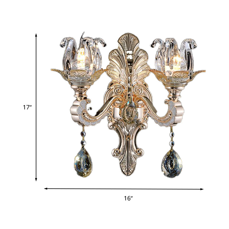 Contemporary Wall-Mounted Floral Sconce Light Fixture with Crystal Drop - Clear Glass, 1/2 Heads