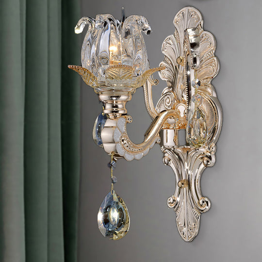 Contemporary Wall-Mounted Floral Sconce Light Fixture with Crystal Drop - Clear Glass, 1/2 Heads