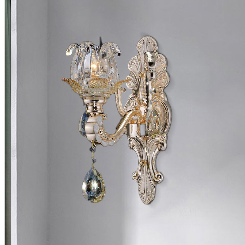 Contemporary Wall-Mounted Floral Sconce Light Fixture with Crystal Drop - Clear Glass, 1/2 Heads