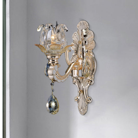Contemporary Wall-Mounted Floral Sconce Light Fixture with Crystal Drop - Clear Glass, 1/2 Heads