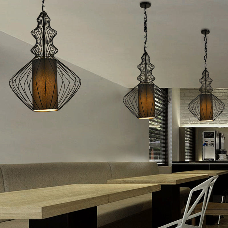 Vintage Black Metal Pendant Light - Oval/Gourd/Lantern Design - 1-Light