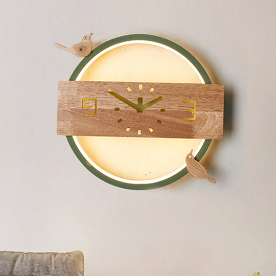 Ring LED Sconce Light with Wooden Clock | Bird Deco Kids Acrylic Wall Lamp