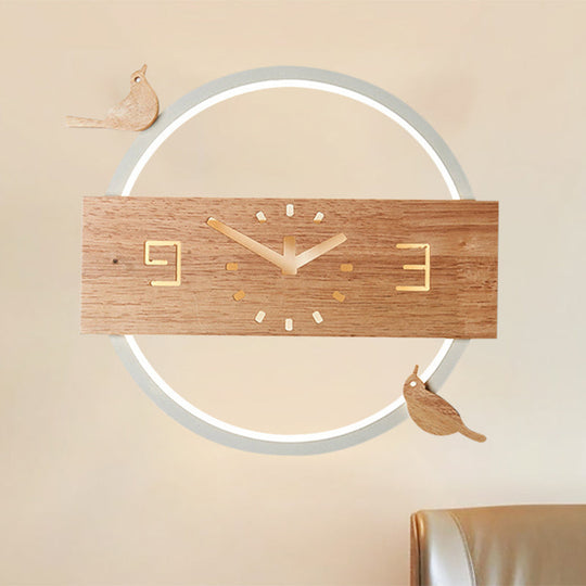 Ring LED Sconce Light with Wooden Clock | Bird Deco Kids Acrylic Wall Lamp