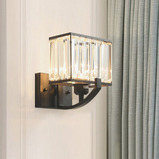 Modern Black/Gold Rectangle Wall Mount Sconce Light with Clear Crystal for Bedroom - 7"/18" W