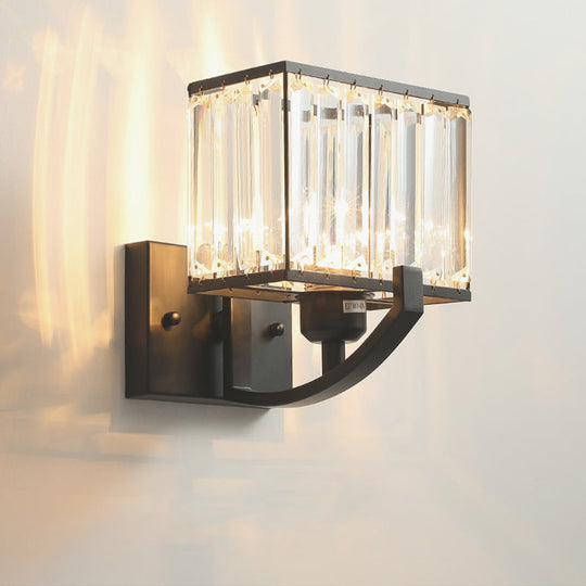 Modern Black/Gold Rectangle Wall Mount Sconce Light with Clear Crystal for Bedroom - 7"/18" W