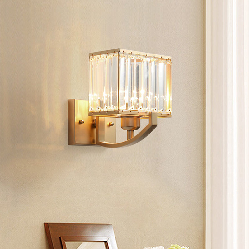 Modern Black/Gold Rectangle Wall Mount Sconce Light with Clear Crystal for Bedroom - 7"/18" W