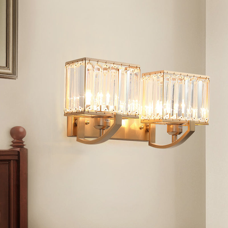 Modern Black/Gold Rectangle Wall Mount Sconce Light with Clear Crystal for Bedroom - 7"/18" W