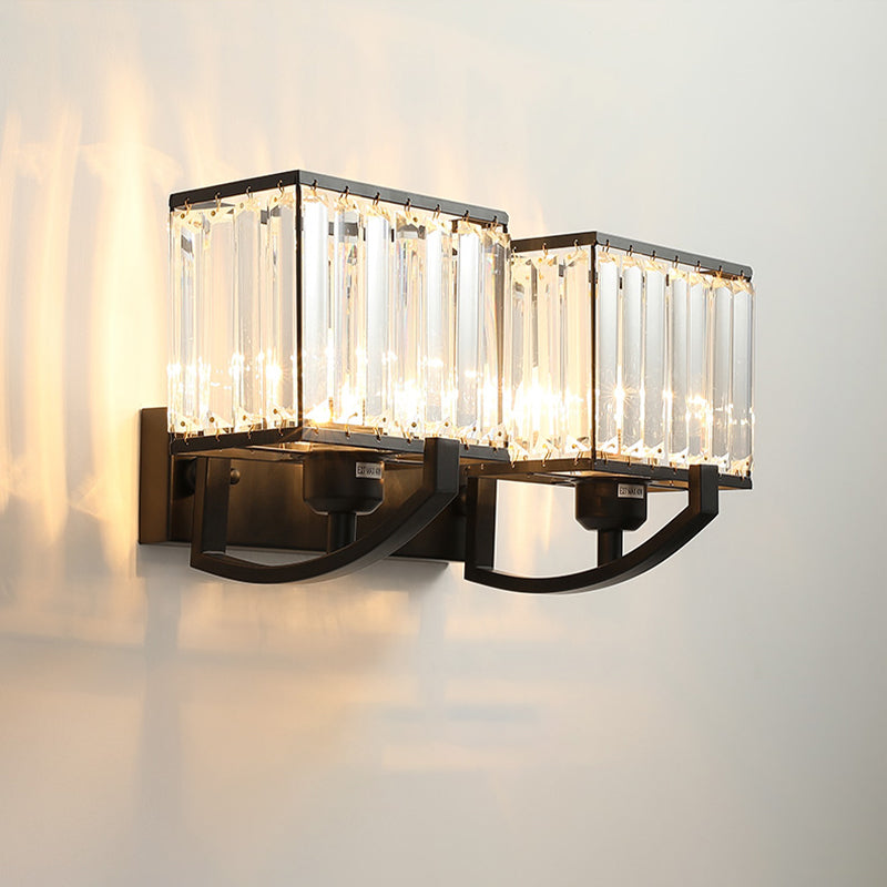 Modern Black/Gold Rectangle Wall Mount Sconce Light with Clear Crystal for Bedroom - 7"/18" W