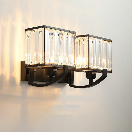 Modern Black/Gold Rectangle Wall Mount Sconce Light with Clear Crystal for Bedroom - 7"/18" W