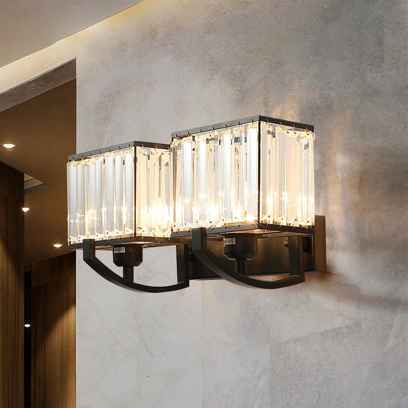 Modern Black/Gold Rectangle Wall Mount Sconce Light with Clear Crystal for Bedroom - 7"/18" W