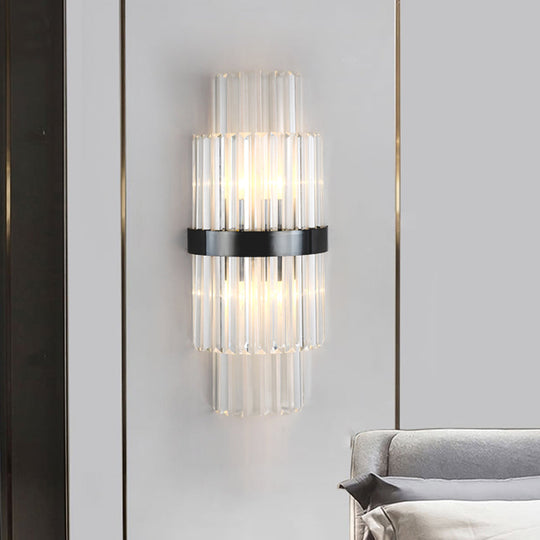 Modern Prism Crystal Wall Mount Lamp with 2 Tiers, 2 Bulbs, and Black Half-Cylinder Shade