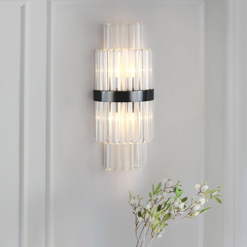 Modern Prism Crystal Wall Mount Lamp with 2 Tiers, 2 Bulbs, and Black Half-Cylinder Shade