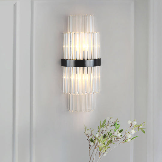 Modern Prism Crystal Wall Mount Lamp with 2 Tiers, 2 Bulbs, and Black Half-Cylinder Shade