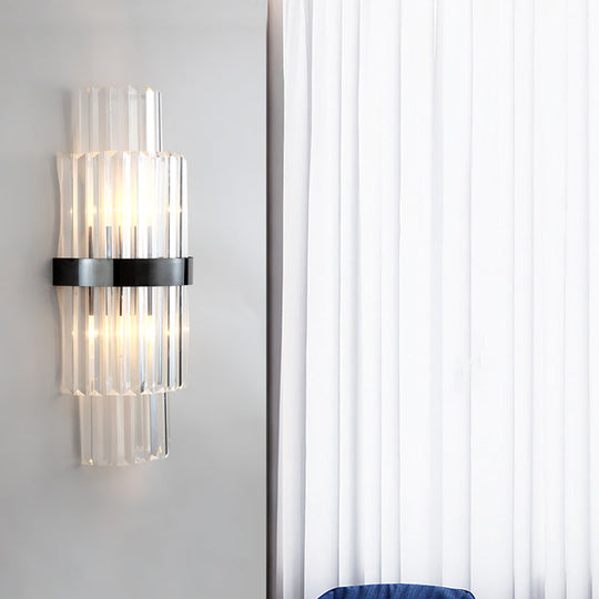 Modern Prism Crystal Wall Mount Lamp with 2 Tiers, 2 Bulbs, and Black Half-Cylinder Shade