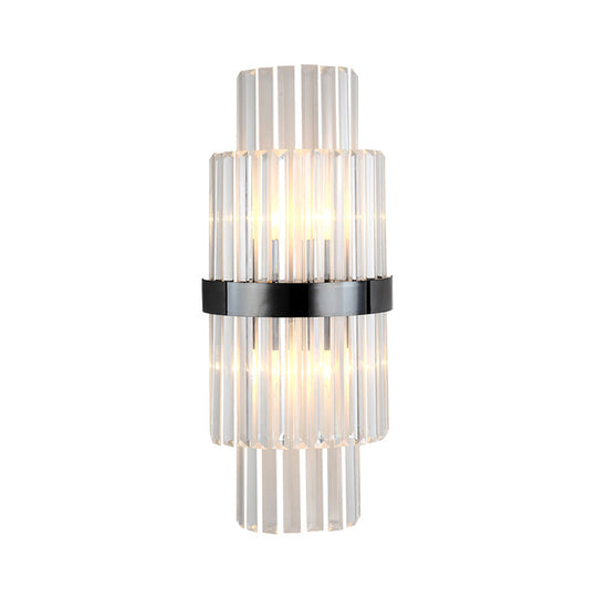 Modern Prism Crystal Wall Mount Lamp with 2 Tiers, 2 Bulbs, and Black Half-Cylinder Shade