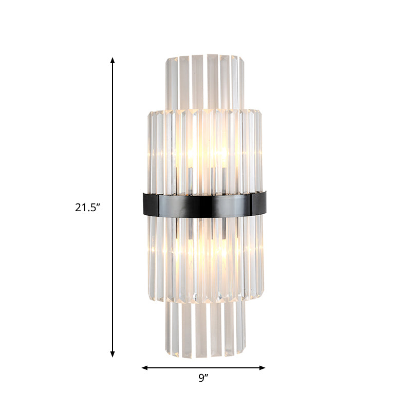 Modern Prism Crystal Wall Mount Lamp with 2 Tiers, 2 Bulbs, and Black Half-Cylinder Shade